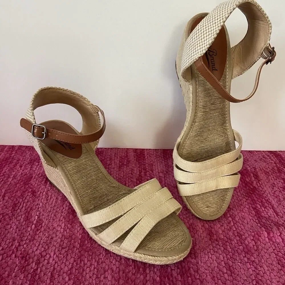Lucky Brand Kylo Wedge Espadrille Sandals Linen Tan Size 8